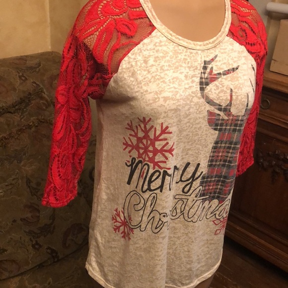 Merry Christmas burn out top lace sleeve reindeer S - Picture 3 of 5